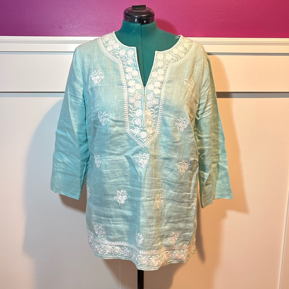 Charter Club Linen Tunic in Aqua with White Floral Embroidery